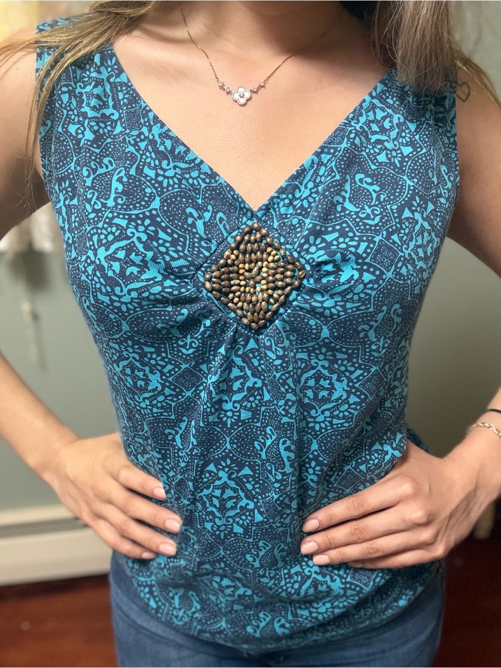 Teal Patterned V-Neck Tank with Beaded Accent